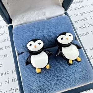 Penguin Dangle Earrings Black White Enamel Cute Kawaii Kitsch Animal Two-piece